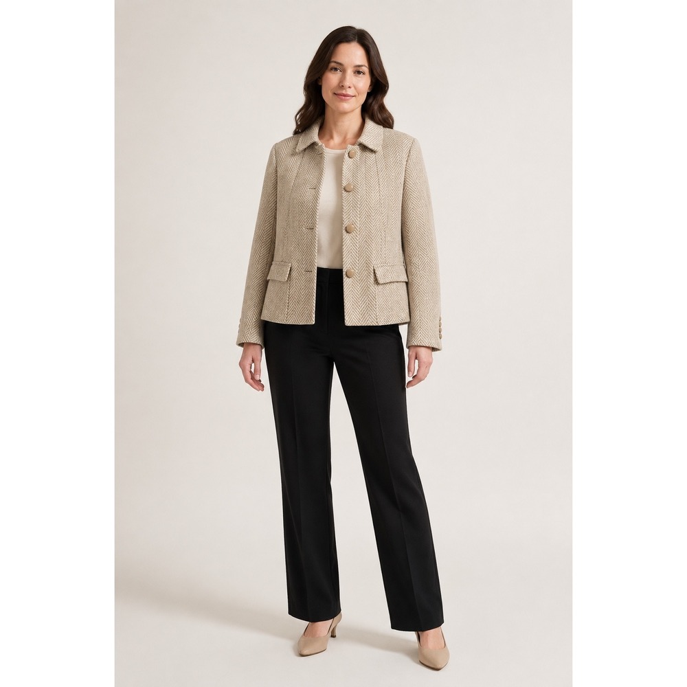 Talbots Womens 12 WP Herringbone Wool Blend Blazer Tan Cream Button Front Jacket